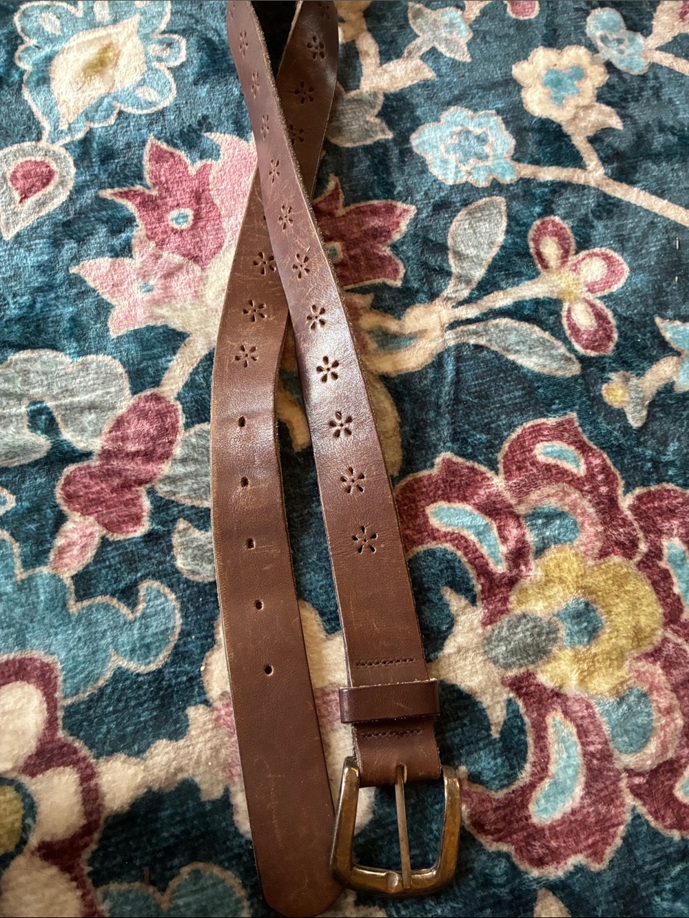 Y2K Brown Floral-Punched Leather Belt with Silver Buckle